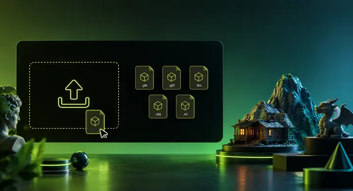 3D file upload interface showing supported model formats and an upload area
