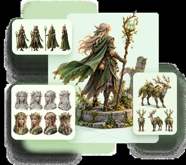 A collection of fantasy 3D character concepts and creator reference cards on mint green
