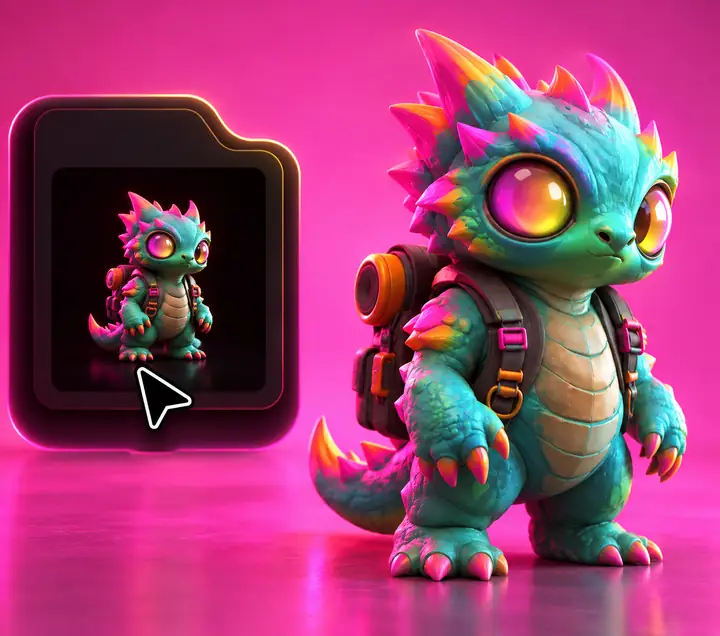 Brightly colored stylized 3D creature beside its image reference on pink