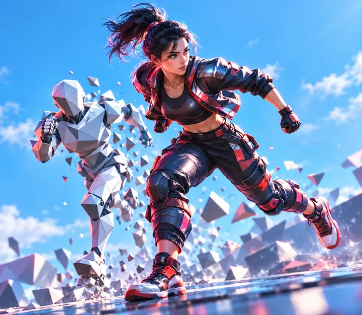 Dynamic stylized 3D character and pose reference against sky blue