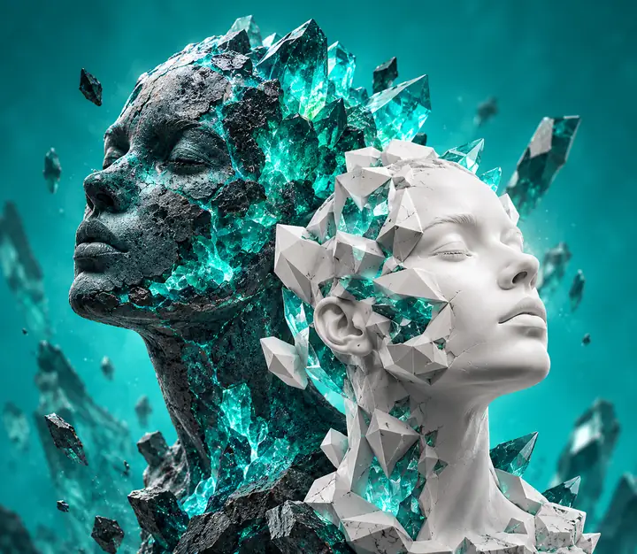 Two contrasting sculptural character concepts against turquoise